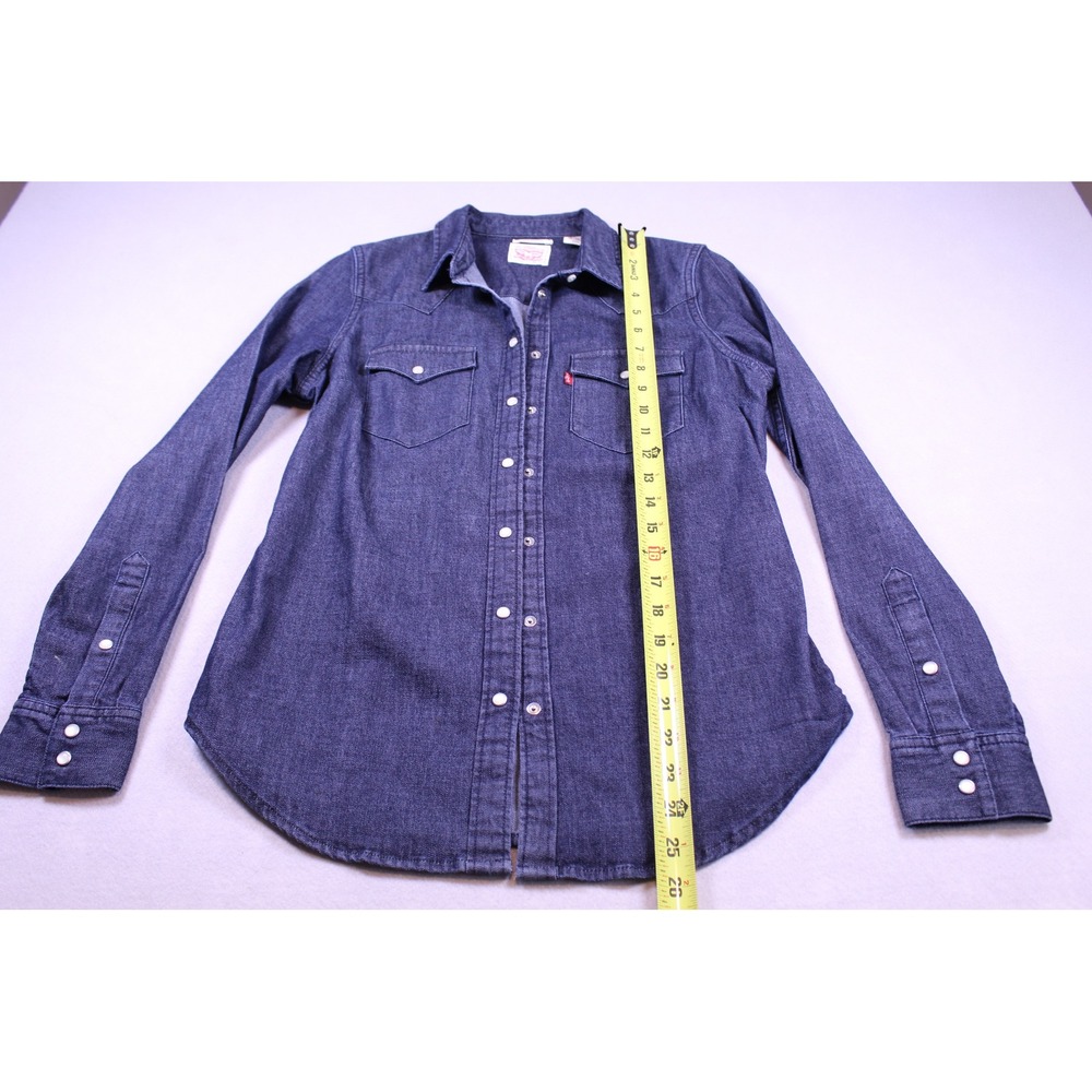 Levis Womens Tailored Fit Western Denim Shirt Dark Wash Pearl Snap Small - Picture 3 of 6